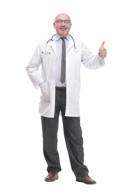 Successful mature doctor in a white coat .