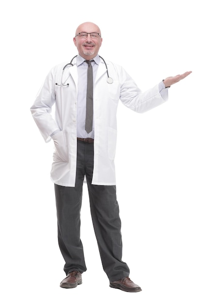 Successful mature doctor in a white coat