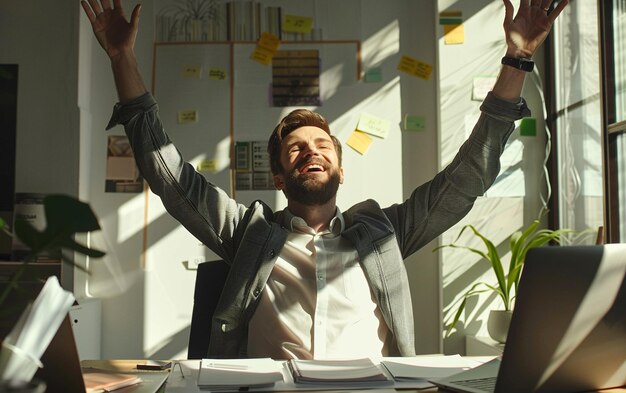 Successful middleaged businessman throws up his hands in joy while sitting in chair in his office