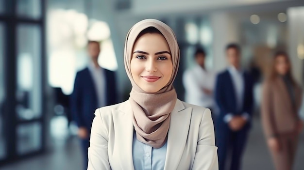 Successful muslim business woman smiling confident with arms crossed female manager in office