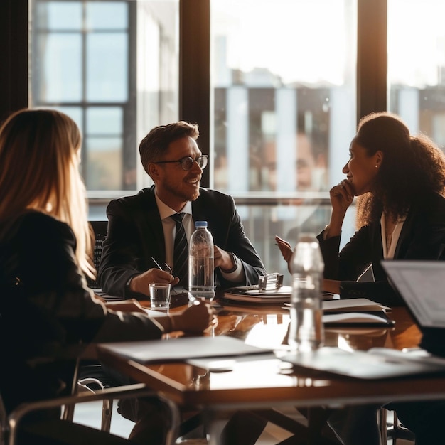 Successful professional experts in elegant wear discussing productive plan for work of employees during business meeting in conference room concept of corporate brainstorming and collaboration