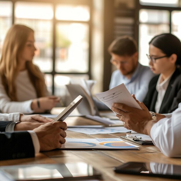 Successful professional experts in elegant wear discussing productive plan for work of employees during business meeting in conference room concept of corporate brainstorming and collaboration