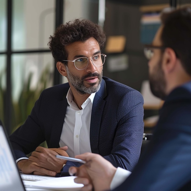 Photo successful professional experts in elegant wear discussing productive plan for work of employees during business meeting in conference room concept of corporate brainstorming and collaboration