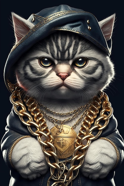 Successful rapper boss with cat head in gangsta style with gold chains Thug life character