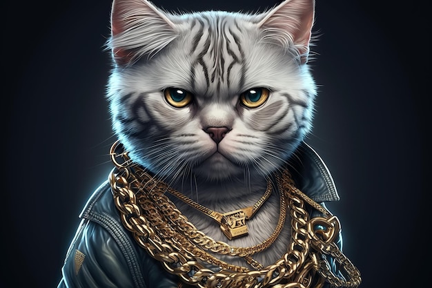 Successful rapper boss with cat head in gangsta style with gold chains Thug life character