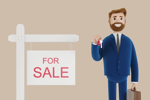 A successful realtor holds a key in his hand and sells rents a house 3D illustration