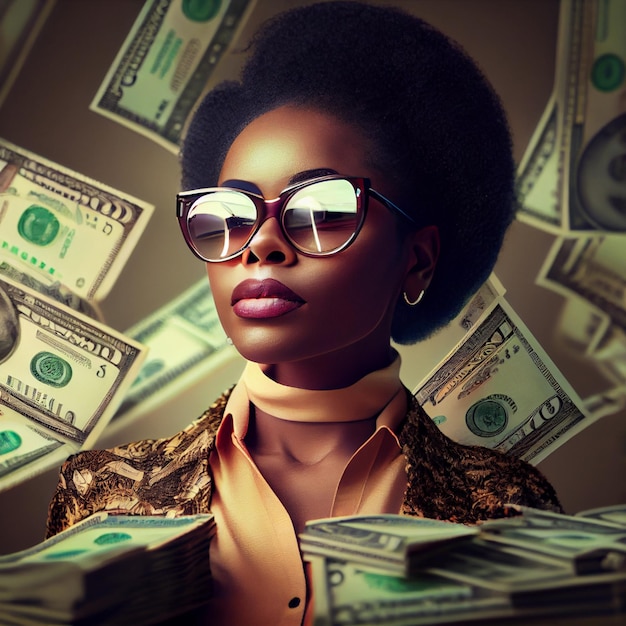 Successful rich African American businesswoman portrait with money background