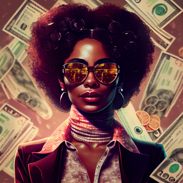 Successful rich African American businesswoman portrait with money background