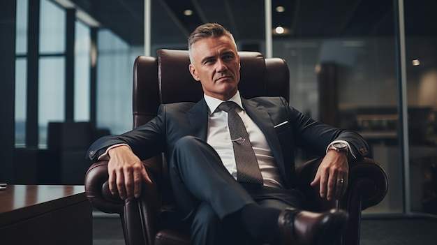 Photo a successful serious senior man boss entrepreneur company director businessman wearing a stylish expensive suit sitting on an armchair in a modern city office