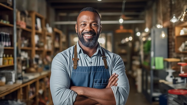 Successful small business owner standing with crossed arms with his trendy cafe in backgroundreated with Generative AI technology