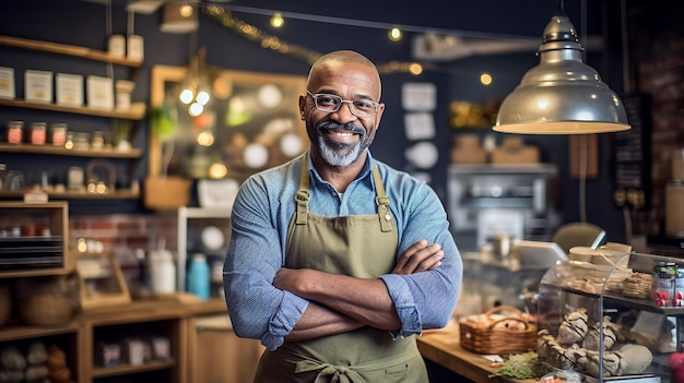 Successful small business owner standing with crossed arms with his trendy cafe in backgroundreated with Generative AI technology