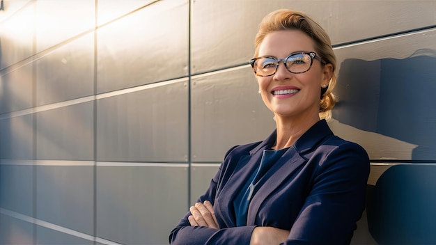 A successful smiling woman wearing eyeglasses standing against a grey wall Her confident and positiv