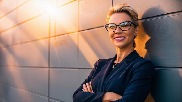 Photo a successful smiling woman wearing eyeglasses standing against a grey wall her confident and positiv