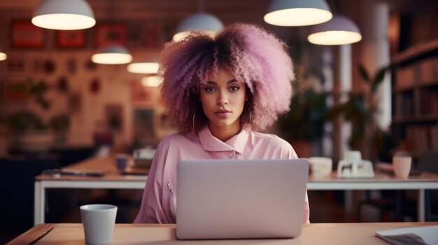 A successful stylish black businesswoman Entrepreneur with pink curly hair works on a laptop and a cup of coffee in a modern office cafe coworking Fashion Creative Director freelancer designer