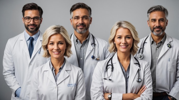 Successful team of medical doctors are looking at camera and smiling while standing in hospital