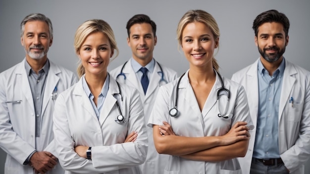 Successful team of medical doctors are looking at camera and smiling while standing in hospital