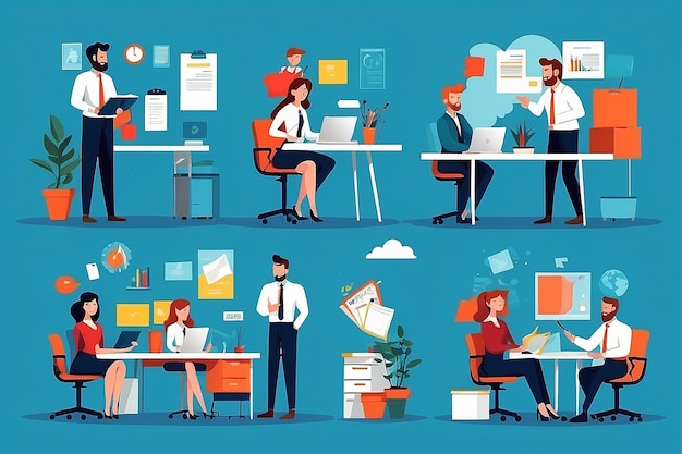 Photo successful team with man and woman office employee working together vector illustration set