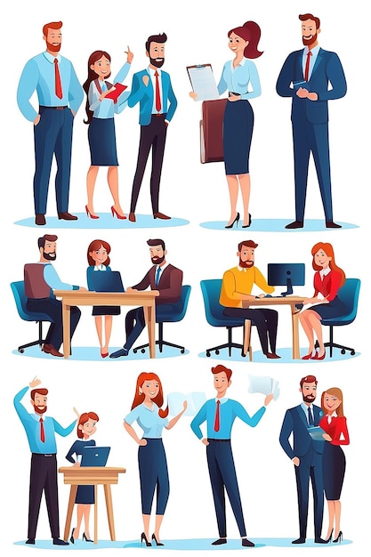 Successful Team with Man and Woman Office Employee Working Together Vector Illustration Set