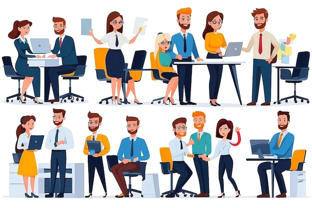 Photo successful team with man and woman office employee working together vector illustration set