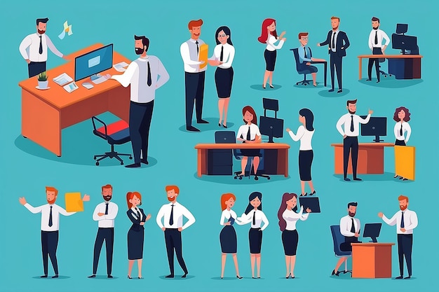 Photo successful team with man and woman office employee working together vector illustration set