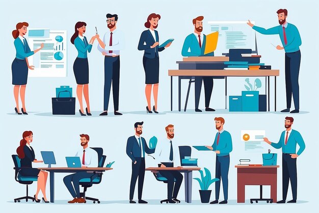 Photo successful team with man and woman office employee working together vector illustration set