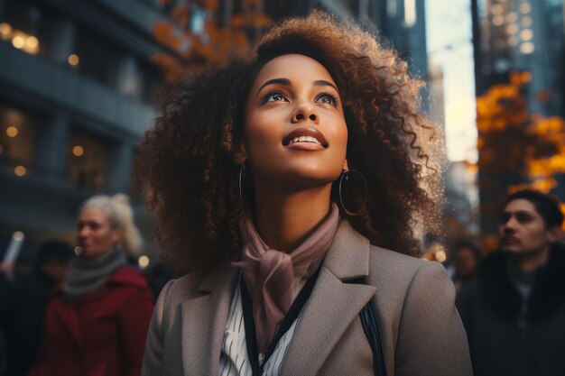 Successful wealthy black businesswoman contemplating city investment opportunities at sunset