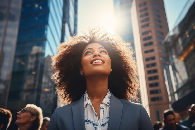 Successful wealthy black businesswoman in modern city thinking of investment opportunities on sunset