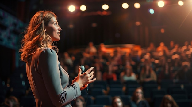 successful woman in STEM motivating an audience with her speech on diversity and leadership