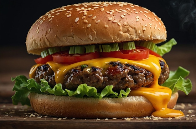 succulent cheeseburger with juicy tomato on a toasted sesame seed bun