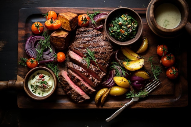 Succulent Feast TopDown Image of MediumRare Steak with Sides on Rustic Plate