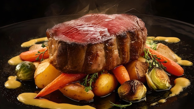 A succulent fillet steak paired with roast vegetables makes for a delicious and satisfying meal