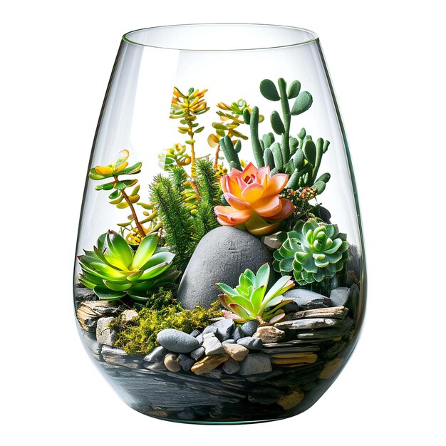 Succulent garden in a glass vase isolated on white background