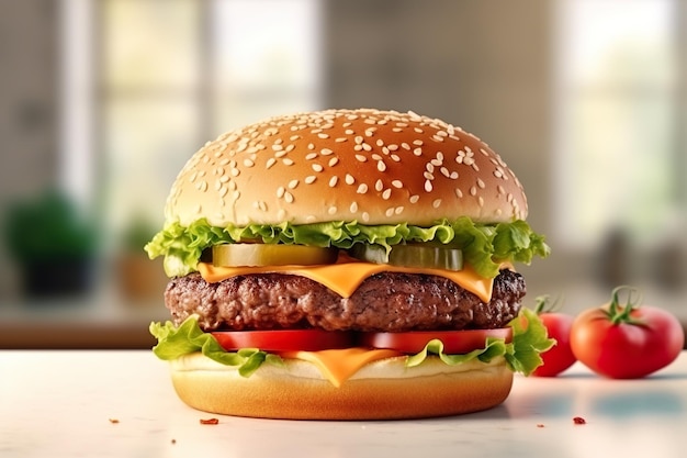 succulent hamburger placed on a white countertopnational hamburger day concept