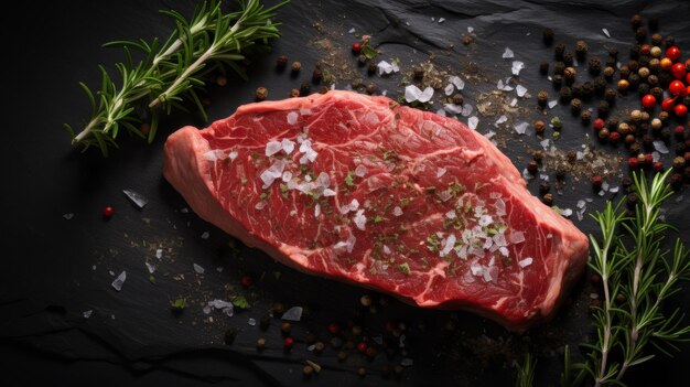 Photo succulent meat displayed on table from top view for a mouth watering presentation