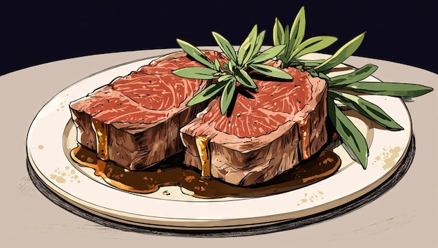 Photo a succulent mediumrare steak with golden crispy fries sea salt flakes and garnished with a sprig of rosemary anime style