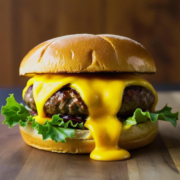 Photo a succulent mouthwatering burger perfectly toasted bun glistens with a subtle sheen melted cheese