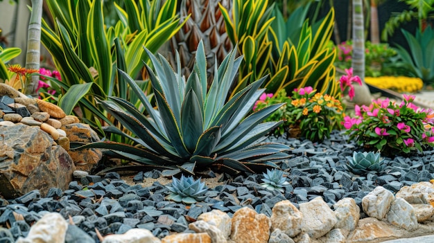 Succulent plants in a rock garden Landscape design photography with copy space