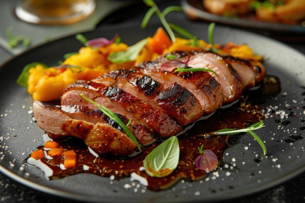 Photo succulent roast duck breast with arugula and sauce reduction perfect for a gourmet dinner