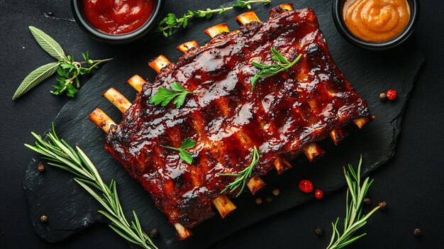 Photo succulent roasted ribs with garnish top view