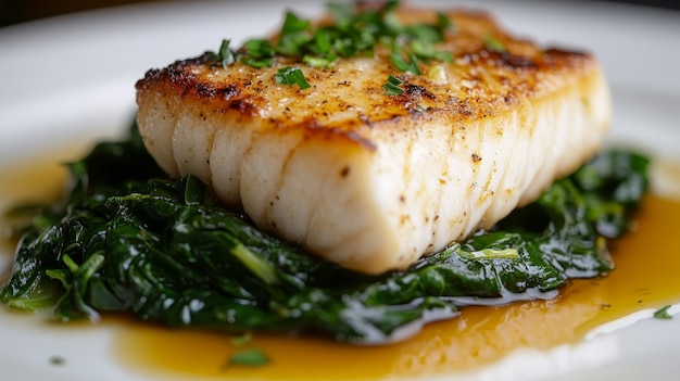 A succulent seared halibut fillet rests atop a bed of sauteed spinach glistening with a savory