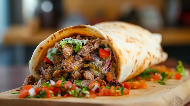 Succulent shawarma filled with grilled meat and vibrant veggies artfully presented on a rustic board