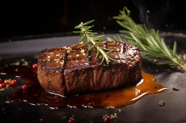 A succulent steak perfectly seared to goldenbrown perfection with savory juices glistening on its