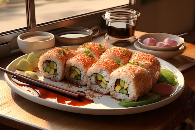 Succulent sushi rolls garnished with sesame on a wooden plate inviting a taste of Japanese cuisine