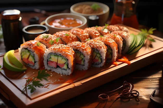 Succulent sushi rolls garnished with sesame on a wooden plate inviting a taste of Japanese cuisine