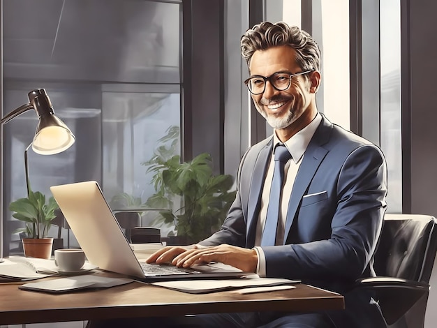 Sucessful businessman working with laptop using computer and smiling