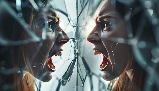 Photo suffering from hallucinations woman seeing her reflection screaming in broken mirror