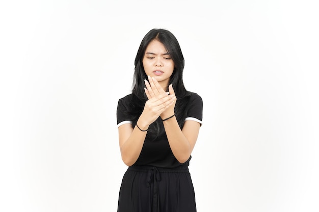 Suffering pain on hands Of Beautiful Asian Woman Isolated On White Background