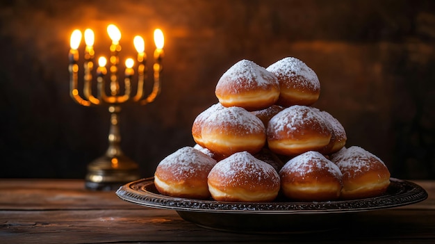 Photo sufganiyot stacked on a plate celebrating hanukkah with menorah in background