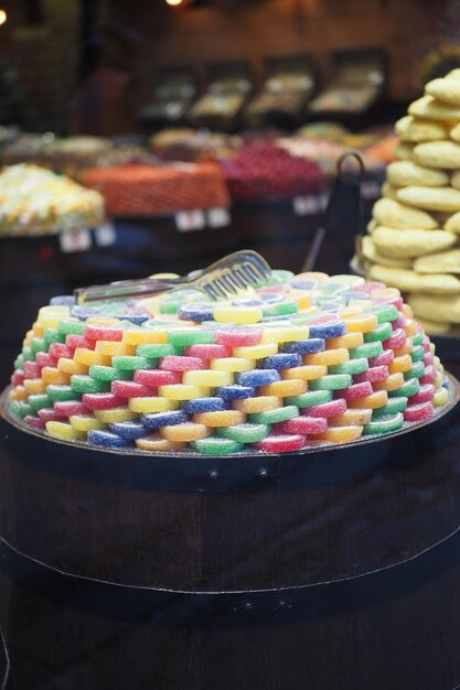 Sugar coated jelly beans in the form of colored sliced fruit