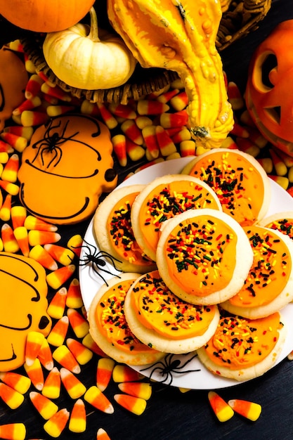 Sugar cookies with orange icing and spkinkles.